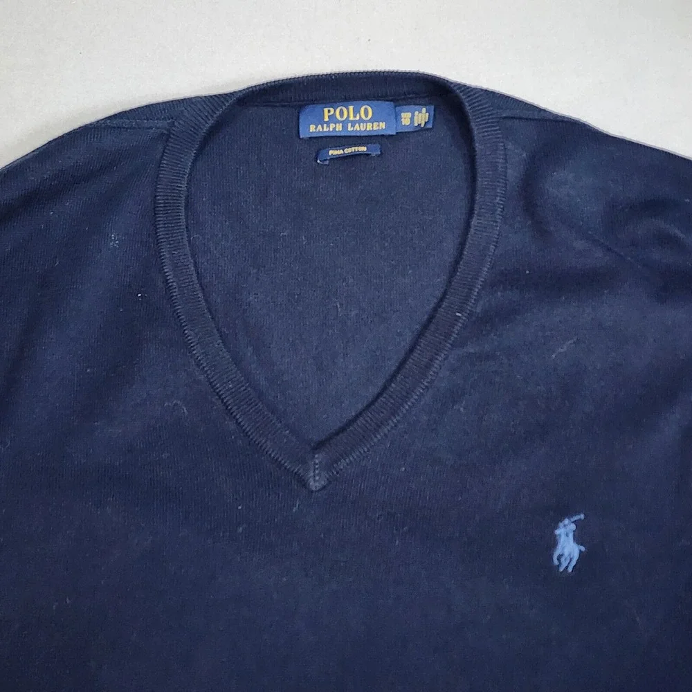 Polo Ralph Lauren Sweater Navy Pima Cotton‎ V-Neck Mens 1XB